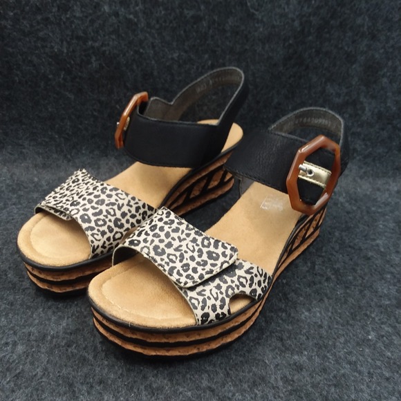 Rieker Shoes - Rieker Fischer Women's Wedge Cork Sandal Black Multi Strappy Buckle EU40 US 9.5